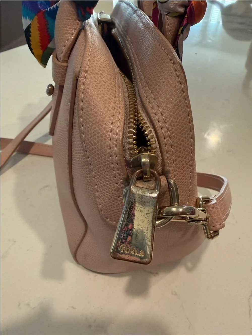 Furla Blush Pink Dome Satchel with Printed Scarf-Wrapped Handles